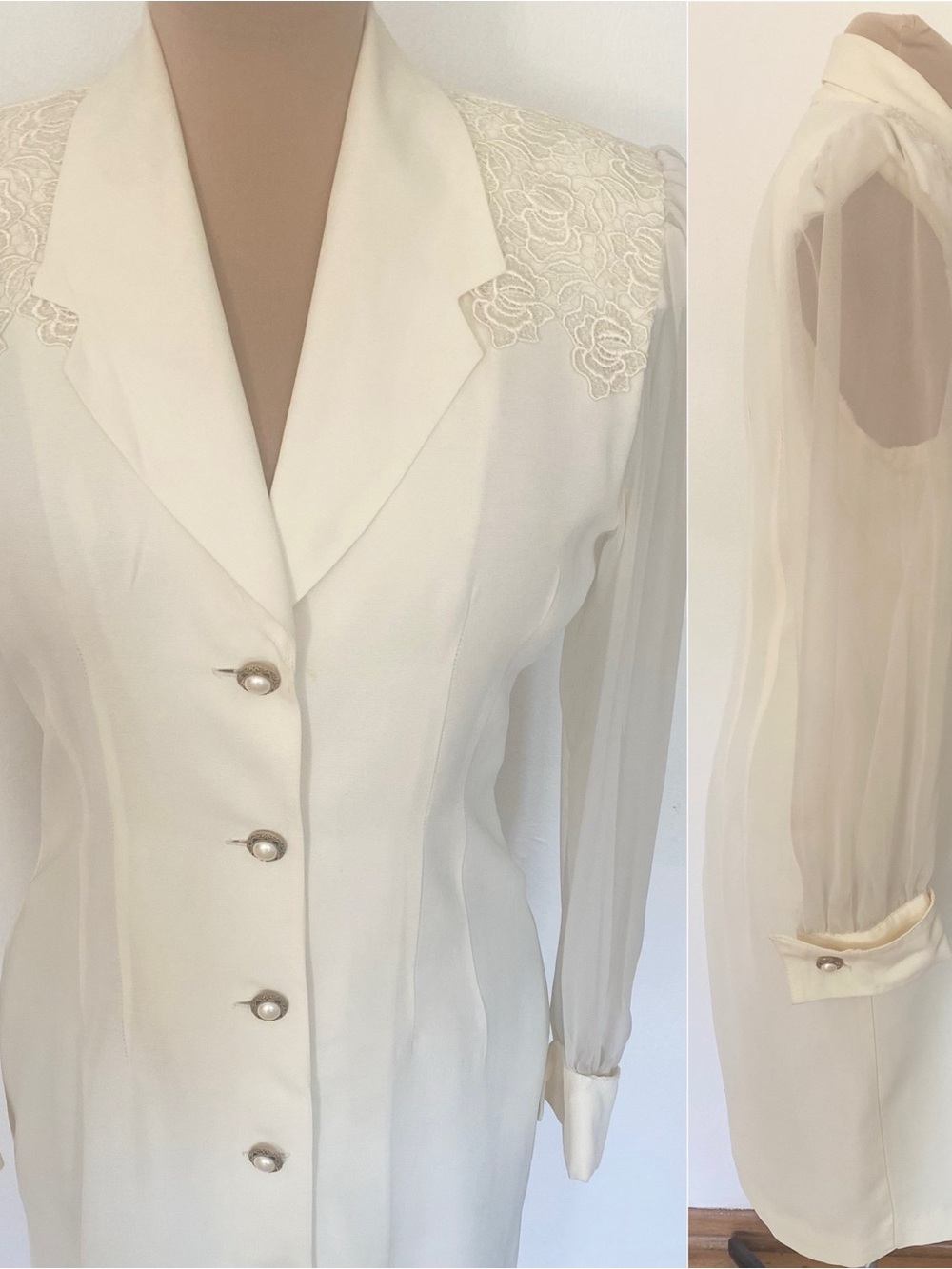 Vintage 80s KATIE MFG Sheath Reception Dress *Size 8* Ivory Sheer Sleeve Button